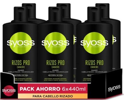 Syoss Rizos Pro Champú para cabello rizado y ondulado (6 x 440 ml), fórmula profesional con ingredientes naturales y efecto anti frizz, apto para el método curly