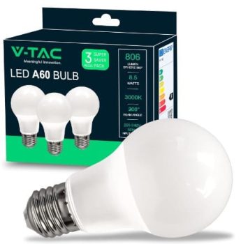 V-TAC Bombillas LED E27 - A60-8,5W (Equivalente a 60W) - 806 Lumen - 3000K Blanco Cálido - Apertura del Haz de Luz 200grados - Máxima Eficiencia y Bajo Consumo - Paquete de 3, VT-1900