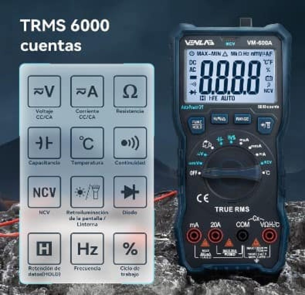 VENLAB Multímetro digital, VM-600A, Polimetro TRMS, Voltímetro con ...