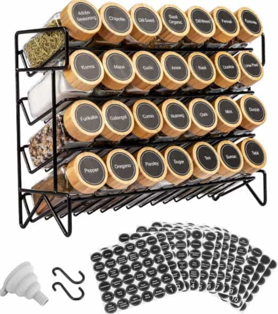 Vtopmart Organizador de especias de 4 niveles con 28 tarros de vidrio vacíos y 432 etiquetas, metal resistente a la corrosión, negro, encimera, armario, cocina y despensa