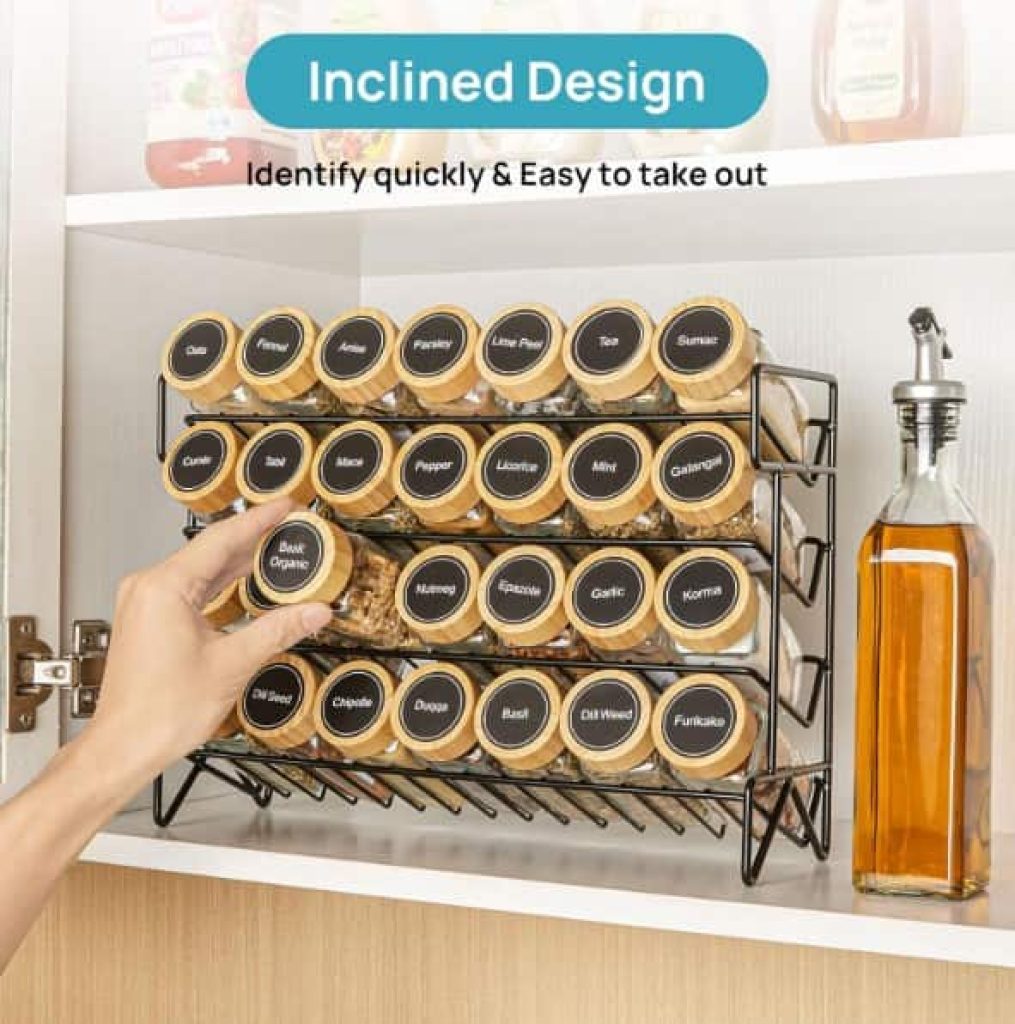 Vtopmart Organizador de especias de 4 niveles con 28 tarros de vidrio vacíos y 432 etiquetas, metal resistente a la corrosión, negro, encimera, armario, cocina y despensa