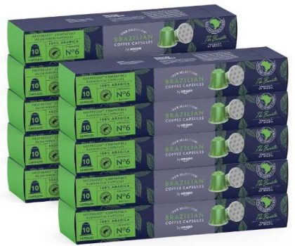 by Amazon Café Brazilian compatible con Nespresso, Tueste Medio, 100 cápsulas de aluminio, 10 Unidad (Paquete de 10) - Certificado Rainforest Alliance