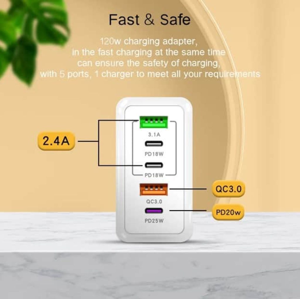 Cargador USB tipo C de carga rápida, adaptador de teléfono móvil, 3 PD + 2 USB QC3.0