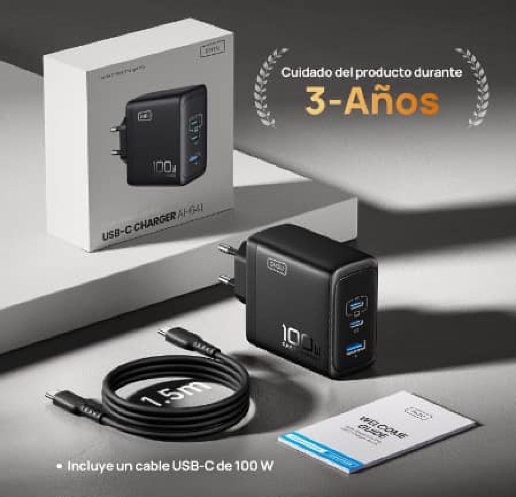 INIU 100W - Cargador 3 Puertos USB C Carga Rapida + Cable Regalo