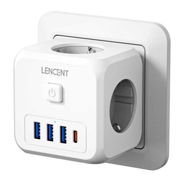 LENCENT - Extensor de enchufe de pared con 3 salidas de CA, 3 puertos USB, 1 Adaptador tipo C de 5V y 2.4A, 7 en 1, interruptor de encendido/apagado