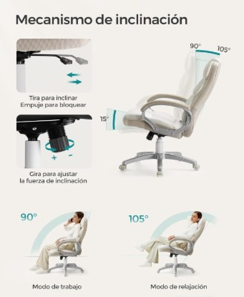 SONGMICS Silla de oficina ergonómica, Giratoria y Altura Ajustable, con Ruedas, Blanco Crema OBG024W01