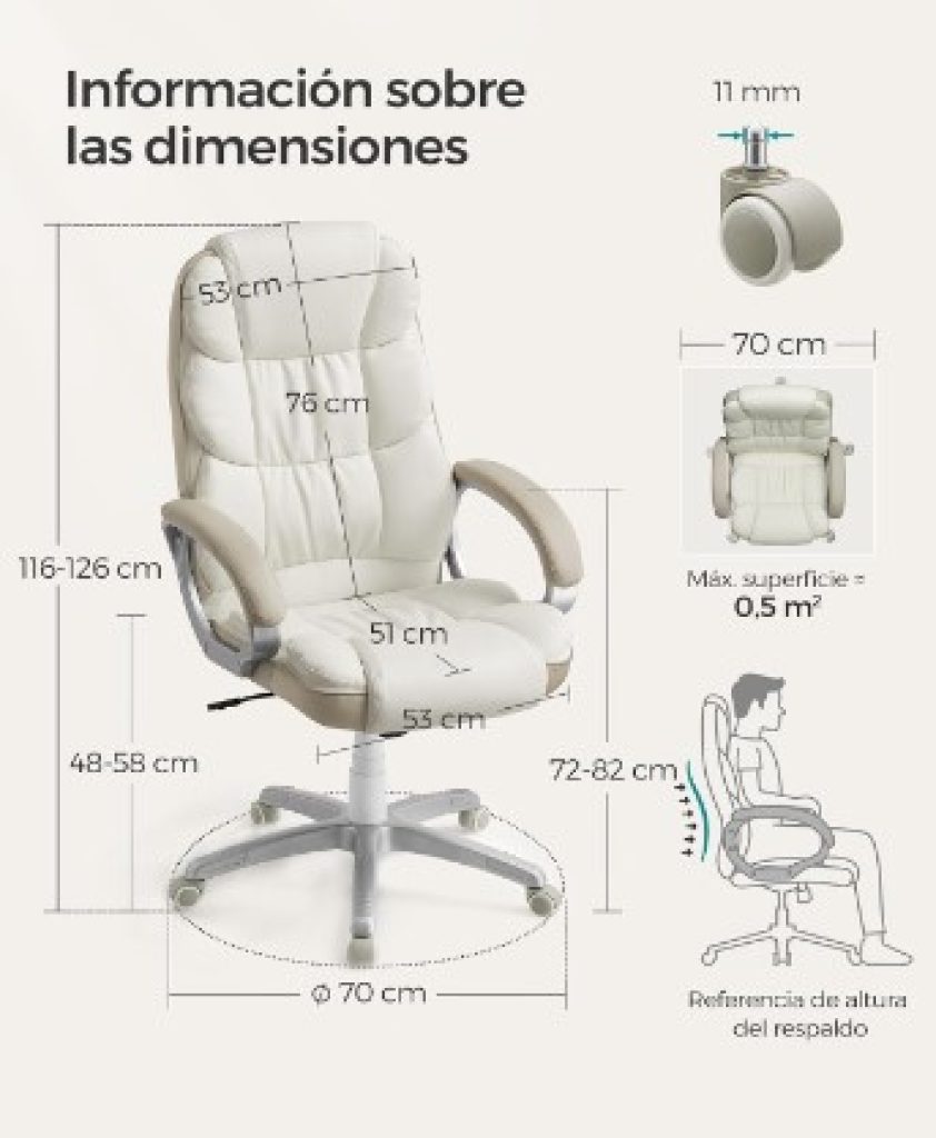 SONGMICS Silla de oficina ergonómica, Giratoria y Altura Ajustable, con Ruedas, Blanco Crema OBG024W01