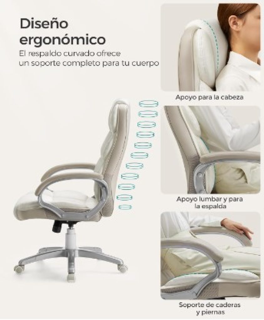 SONGMICS Silla de oficina ergonómica, Giratoria y Altura Ajustable, con Ruedas, Blanco Crema OBG024W01