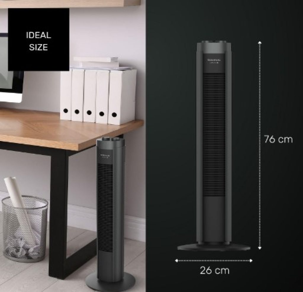 Taurus - Ventilador de torre New Babel 50W, Altura 86cm, 3 velocidades, Timer 2h, Auto Off, Función oscilante, Base antideslizante, Selectores giratorios, Gris