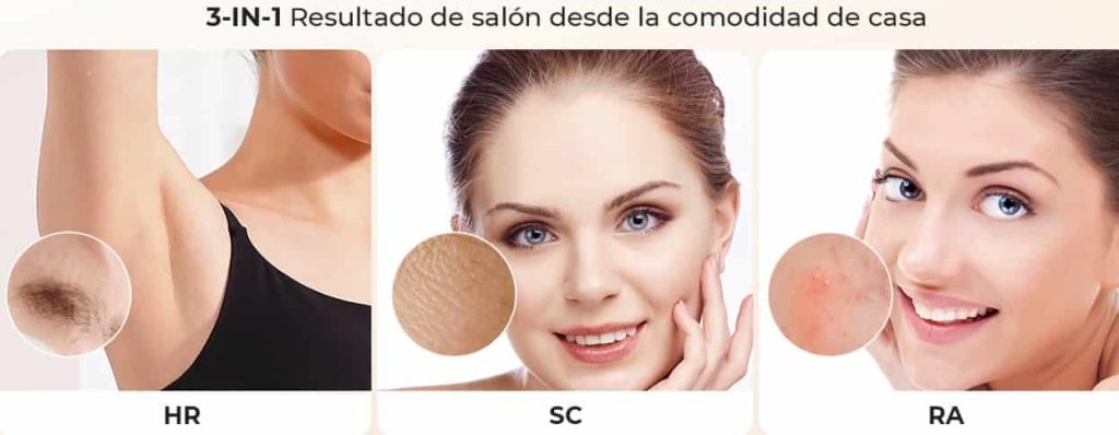 3 en 1 Depiladora Laser, HR/RA/SC, 600NM-1200NM IPL Depiladora de Luz Pulsada, 9 Niveles Depilacion para Cara, Axilas, Piernas y Cuerpo - 999.990 flashes