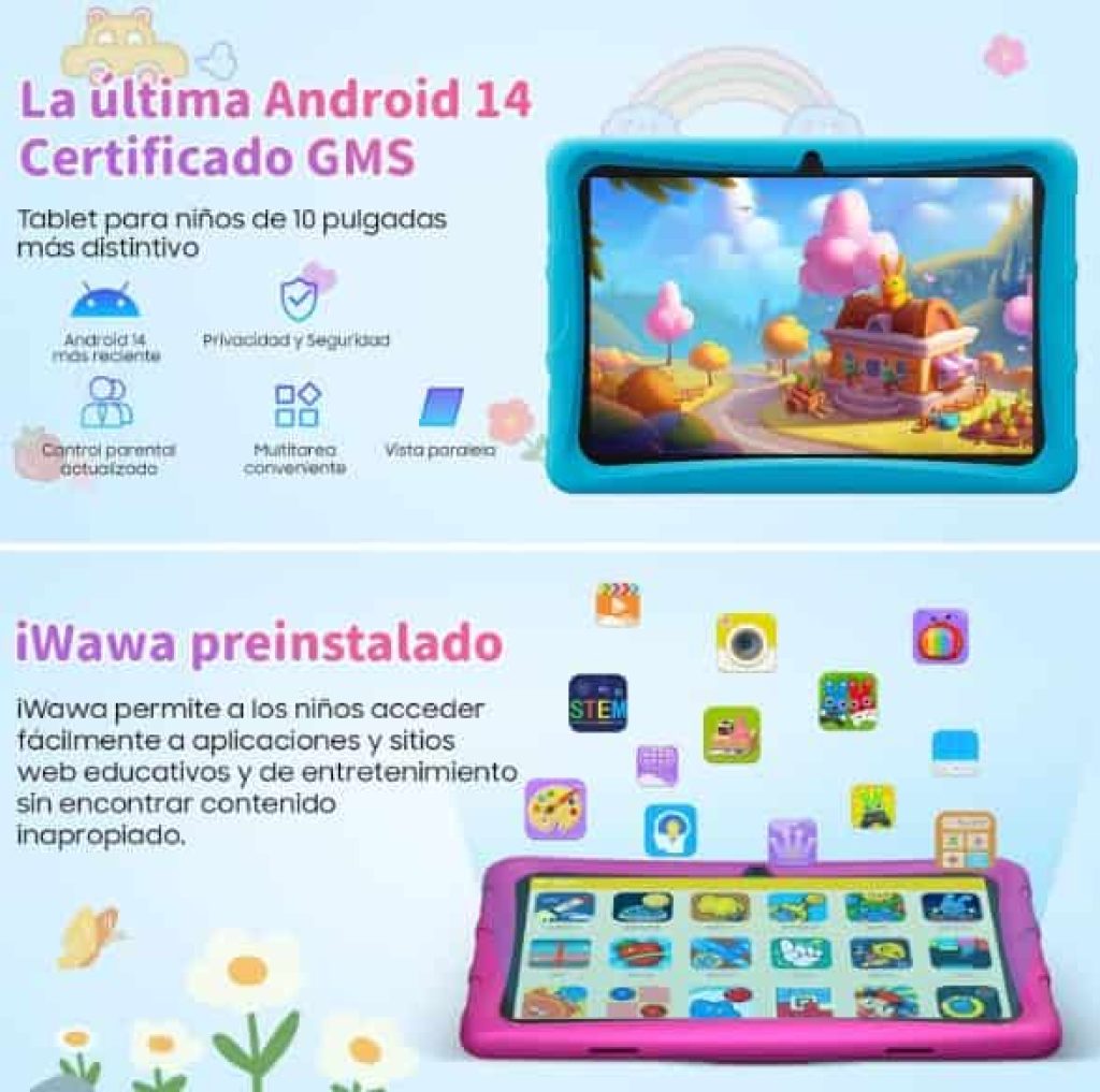 BESTTAB A10 - Tablet Niños 10 Pulgadas, 120 Hz,  12GB/128GB, Control Parental, 5100mAh, Batería 10W, 8MP+5MP