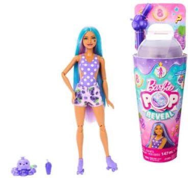 Barbie Pop! Reveal Serie Frutas Uvas Muñeca Que Revela Sus Colores con Vaso, Incluye Ropa, Mascotas y Accesorios Sorpresa, Juguete +3 años (Mattel HNW44)
