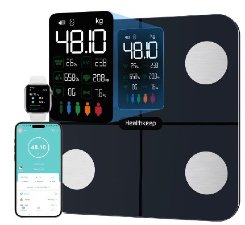 Báscula Grasa Corporal - Healthkeep - Báscula de Baño, Básculas Inteligentes Digitales, Función de Frecuencia Cardíaca,15 Datos Corporales