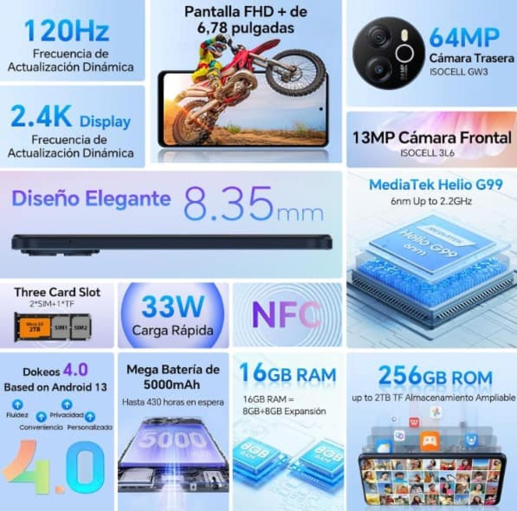 Blackview Shark 8 - Smartphone 120Hz, 16GB+256GB (TF 1TB), Helio G99, Cámara 64MP Telefono Movil Android 13, 6.78'' FHD+ 2.4K, 5000mAh, 33W