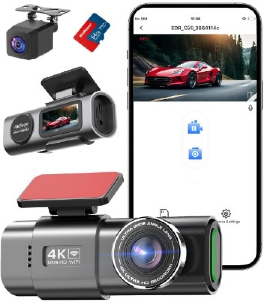 Cámara de Coche Frontal y Trasera, 4K+1080P WiFi Dashcam con Tarjeta 64G, Monitor de Aparcamiento, Grabación de Bucle - CHOLLOS AMAZON