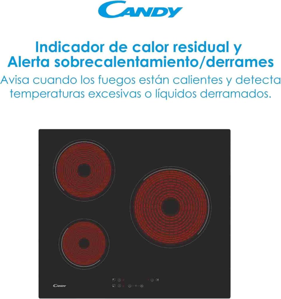 Candy CH63CC, Placa Vitrocerámica, 3 Zonas, 60CM, 10 Niveles de Potencia, 5,5KW, Mandos Centrales, Bloqueo de Seguridad a precio de liquidación