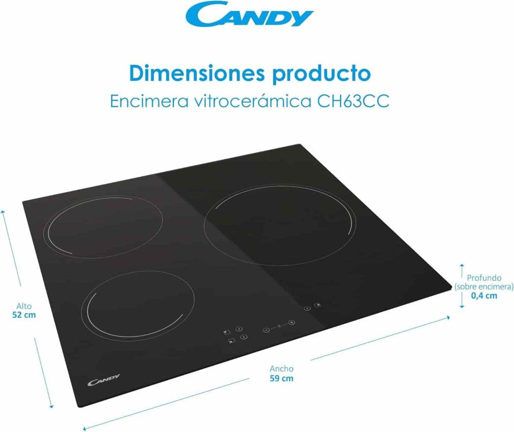 Candy CH63CC, Placa Vitrocerámica, 3 Zonas, 60CM, 10 Niveles de Potencia, 5,5KW, Mandos Centrales, Bloqueo de Seguridad a precio de liquidación