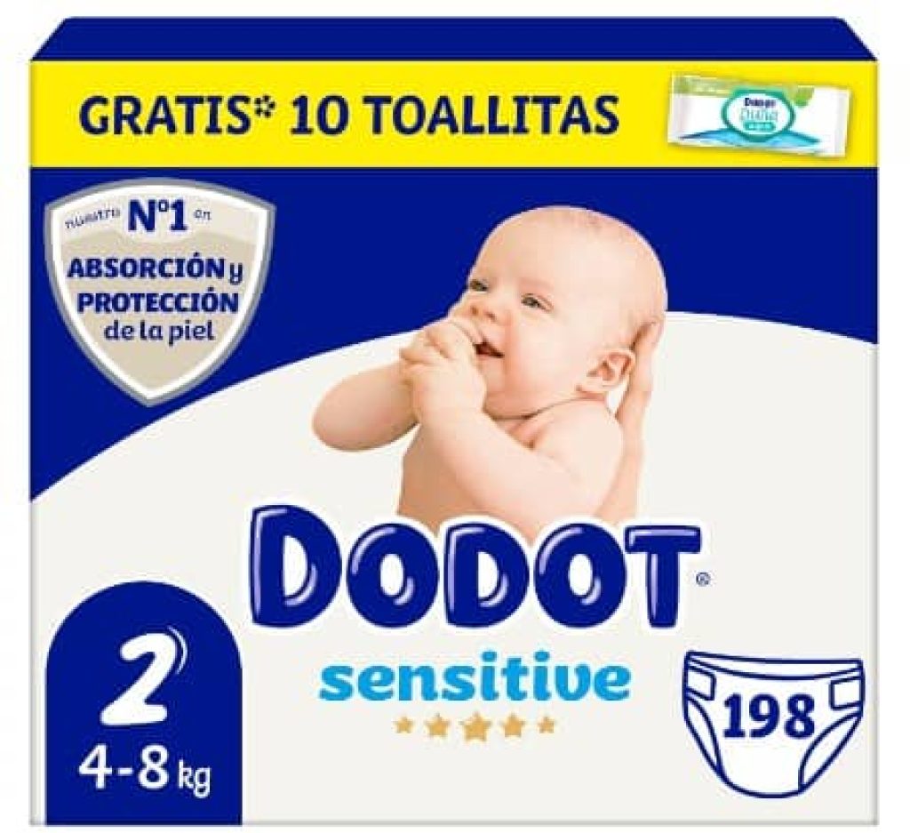 Dodot Pañales Bebé Sensitive, Talla 2 (4-8 kg), 198 Pañales + 1 Pack de 10 Toallitas Gratis de Aqua Plastic Free, Nº1 en Protección de la Piel de Dodot, Pack Mensual