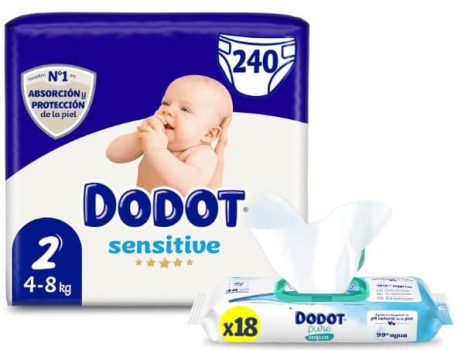 Dodot Pañales Bebé Sensitive Talla 2 (4-8 kg), 240 Pañales + Toallitas Aqua Pure Plastic Free, 18 Paquetes, Máxima Protección de la Piel de Dodot