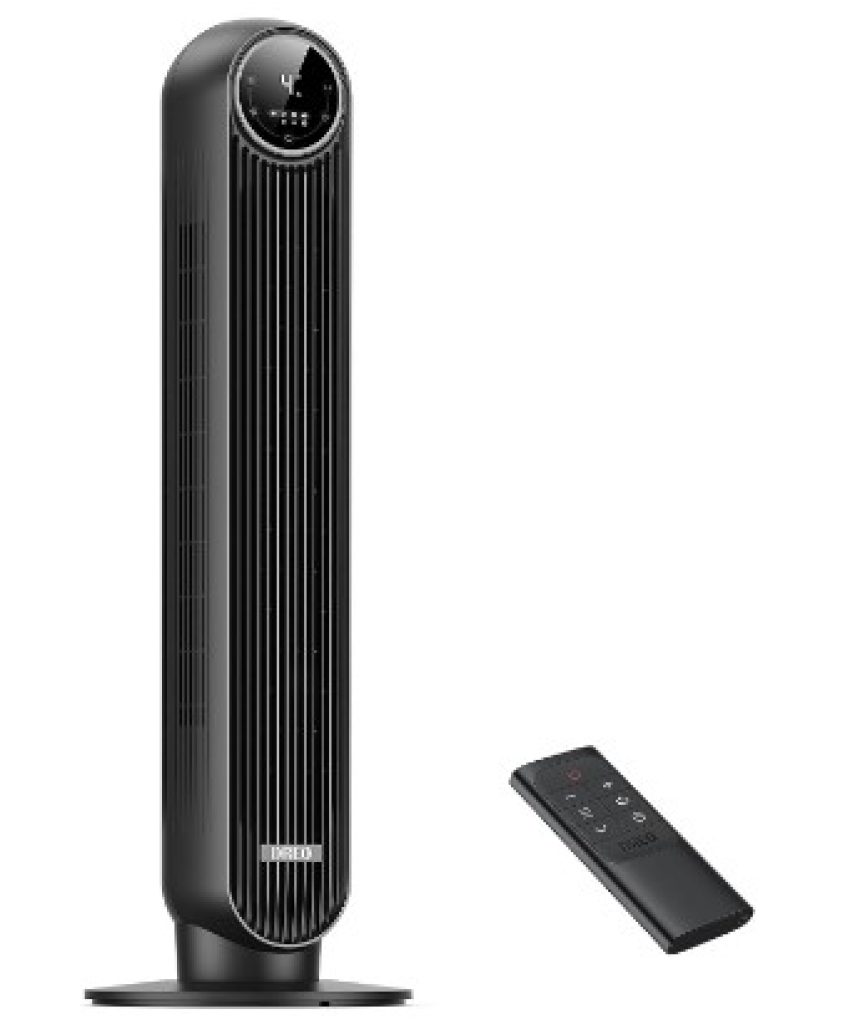 Dreo 28dB Ventilador de torre Nomad One con mando a distancia, silencioso de 7,3 m/s de velocidad, oscilante de 90° con 4 velocidades, 4 modos, temporizador de 8 horas, ventilador de pie, negro.