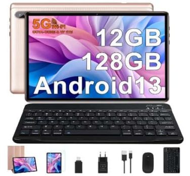 FACETEL Tablet 10 Pulgadas Android 13 Tablet Octa-Core 2.0 GHz, 12GB RAM + 128GB ROM (1TB TF), 5G WiFi, Bluetooth 5.0, 5MP+8MP, HD IPS, Facciale ID, Widevine L1, Tablet con Teclado y Raton - Oro Rosa
