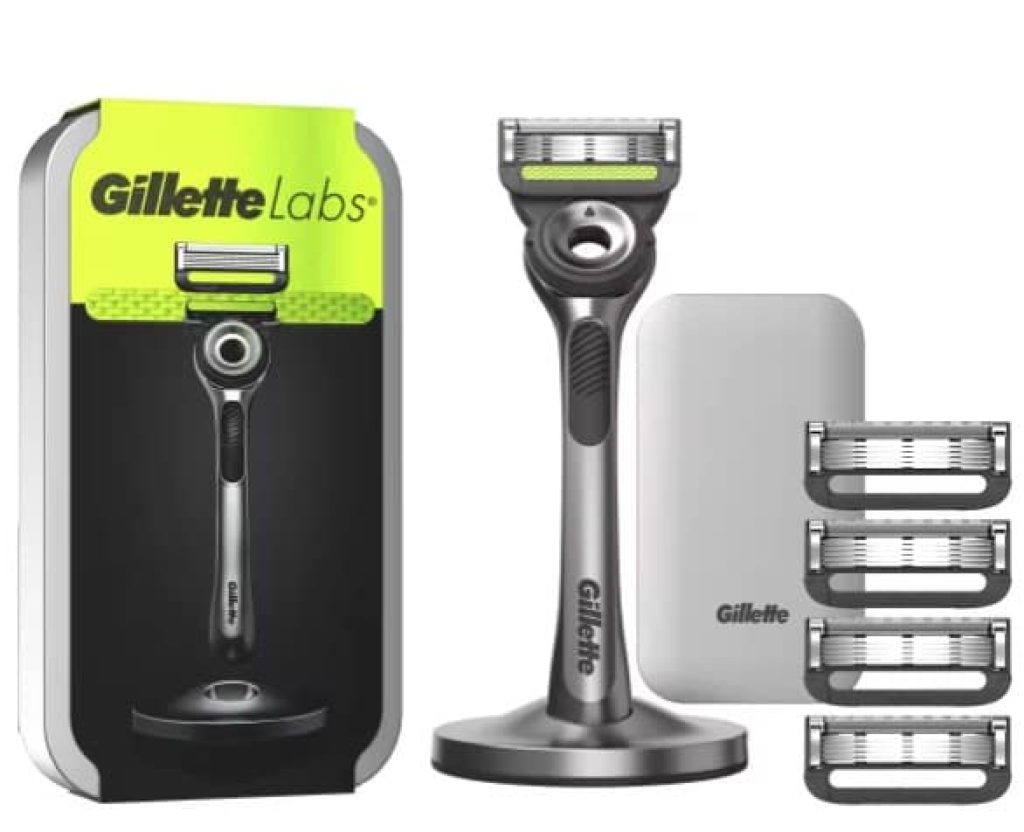 GilletteLabs máquina de afeitar con barra exfoliante y estuche de viaje, 1 mango, - 5 recambios, stand magnético