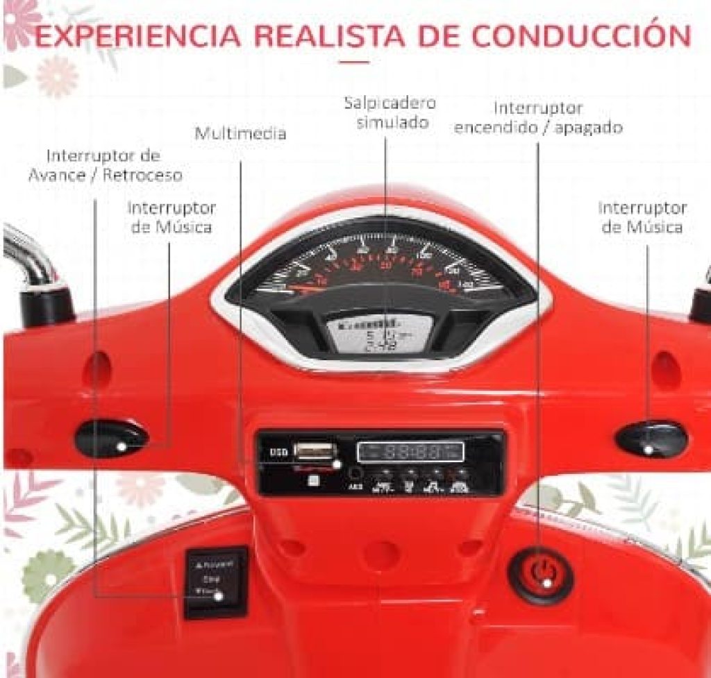 HOMCOM Moto Eléctrica Infantil Coche Triciclo Vespa Scooter Eléctrico a Batería para Niños Más de 3 Años Carga 30kg