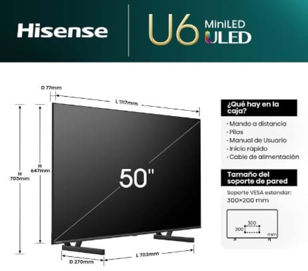 Hisense 50U6NQ - Mini-LED TV, Smart TV de 50 Pulgadas, Modo Juego 60 Hz VRR 120 fps