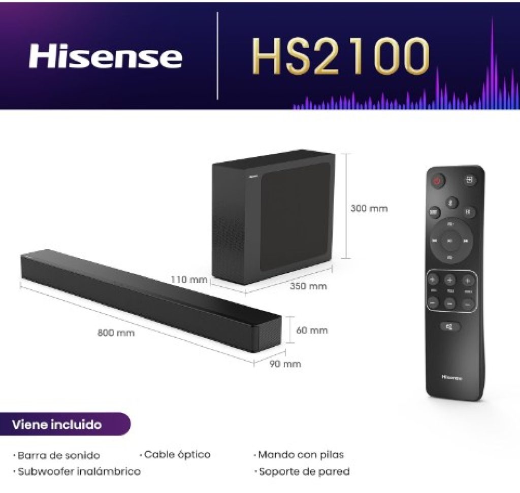 Hisense HS2100 - Barra de Sonido 2.1, 240W, Dolby Digital, DTS Virtual X, Bluetooth 5.3, HDMI ARC/Optical/AUX/USB, 6 Modos de Sonido
