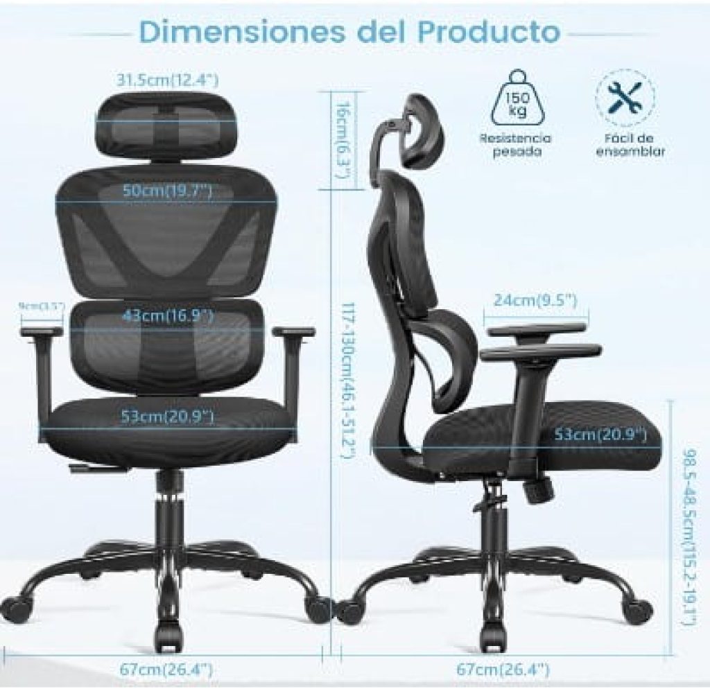 KERDOM Sillas Ergonomicas Oficina, Silla de Escritorio con Soporte Lumbar,Reposacabezas Ajustable, Reposabrazos, Silla 360° Giratoria