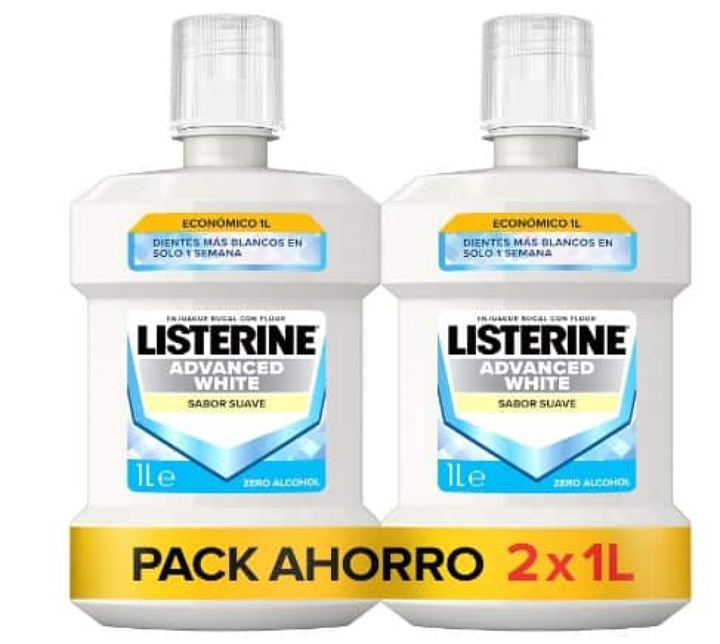 Listerine Advanced White Sabor Suave (pack de 2 x 1L), enjuague bucal blanqueador y para una limpieza bucal óptima