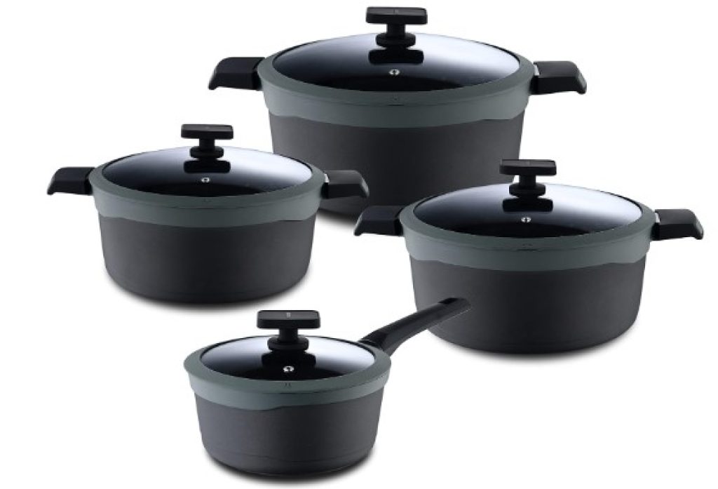 MasterPRO Gastro Reeco, Set de 8 piezas, 3 Cacerolas de 20, 24, 28 cm y Cazo de 16 cm con Tapa| Indicador Temperatura |Aluminio Fundido Reciclado| Antiadherentes, Olla, Todo Tipo de Cocinas