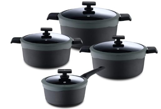 MasterPRO Gastro Reeco, Set de 8 piezas, 3 Cacerolas de 20, 24, 28 cm y Cazo de 16 cm con Tapa| Indicador Temperatura |Aluminio Fundido Reciclado| Antiadherentes, Olla, Todo Tipo de Cocinas