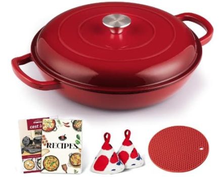 Overmont Cacerola Redonda de Hierro Fundido Esmaltado, con Tapa y Asas - Olla Antiadherente Poco Profunda