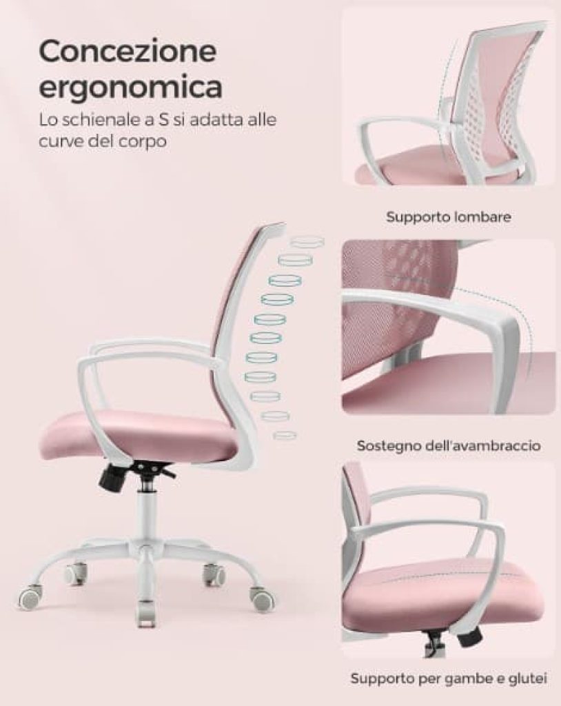 SONGMICS OBN022R02, Silla de Escritorio de malla Ergonómica - Sillas giratorias de oficina, Altura Ajustable, Inclinación, Transpirable