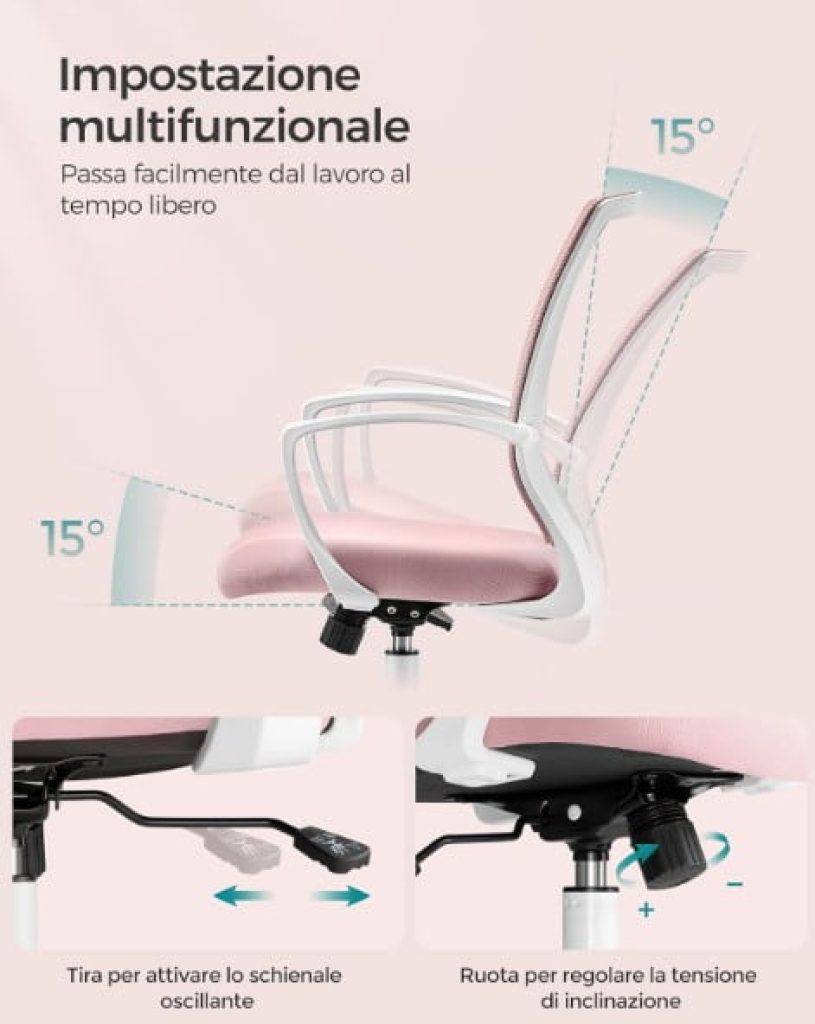 SONGMICS OBN022R02, Silla de Escritorio de malla Ergonómica - Sillas giratorias de oficina, Altura Ajustable, Inclinación, Transpirable