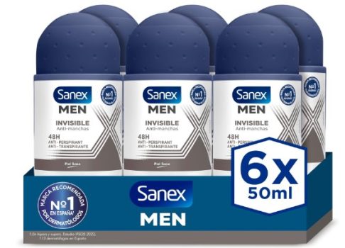 Sanex Men Dermo Invisible Desodorante Roll-On para Hombre, Protección 24H, Pack 6 Uds x 50ml