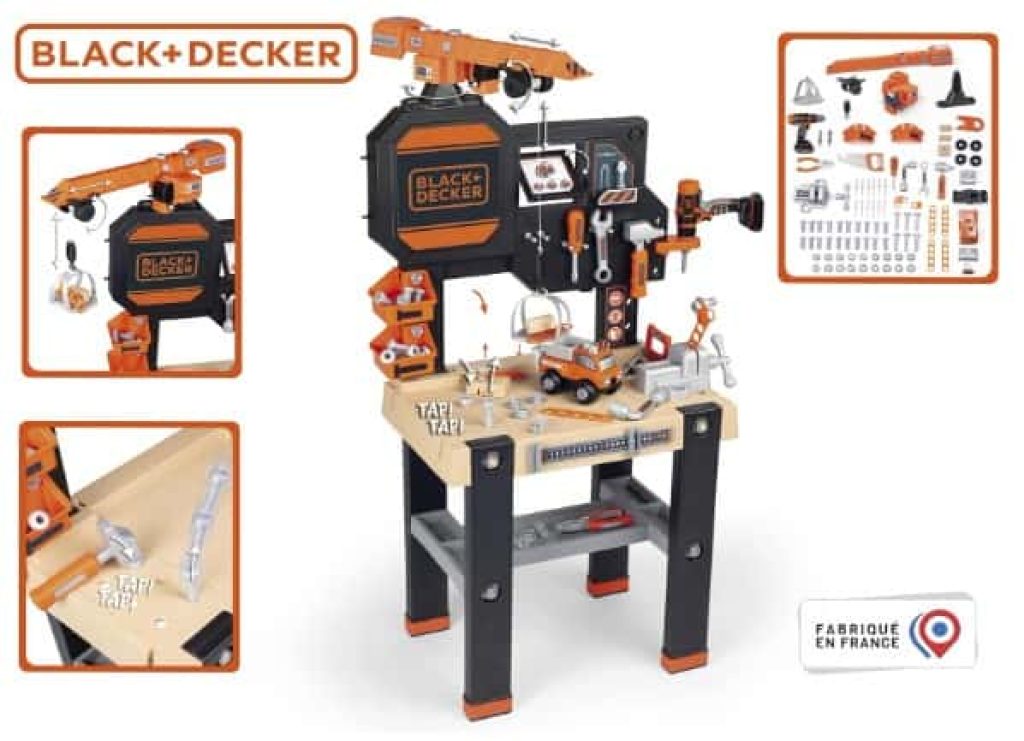 Smoby- Black & Decker Builder, Taller Banco de Trabajo de Juguete, 94 Accesorios, Taladro mecánico, Vehículo para Construir y Grúa (7600360731)