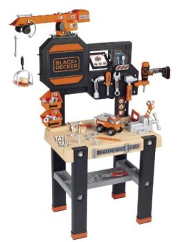 Smoby- Black & Decker Builder, Taller Banco de Trabajo de Juguete, 94 Accesorios, Taladro mecánico, Vehículo para Construir y Grúa (7600360731)