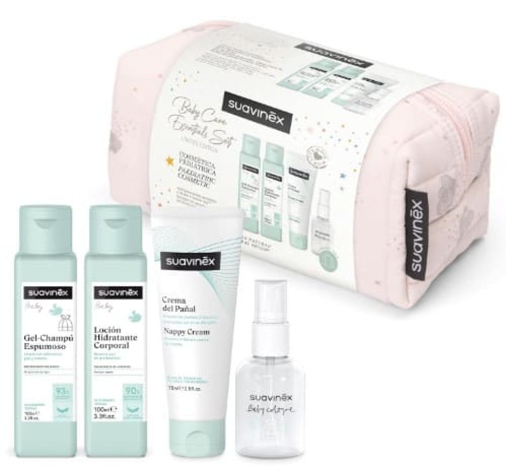 Suavinex, Neceser para Bebés de Tela, Set Regalo Bebé Recién Nacido con Cosmética: Gel Champú 100 ml + Loción Hidratante 100 ml + Crema Pañal 75 ml + Baby Cologne 50 ml. Formato Viaje. Rosa Dreams