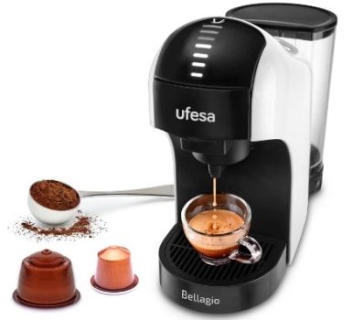 Ufesa Bellagio Cafetera Espresso 3 en 1, Cápsulas Nespresso, Dolce Gusto o Café Molido, Panel Táctil Digital,7 Niveles, Depósito 1L, 1400W, 15 Bares, Compacta - chollo amazon