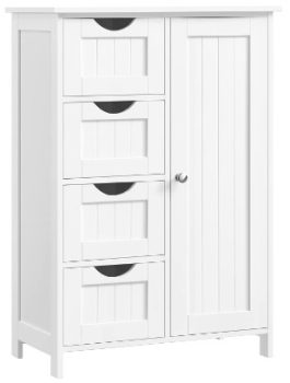 VASAGLE Armario de Baño, Mueble de Baño Estrecho, Cómoda de Baño, Cajonera con 4 Cajones, Armario con Puerta, Estante Ajustable, 30 x 55 x 82 cm, Blanco LHC41W