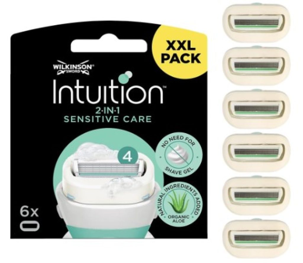 Wilkinson Intuition Sensitive Care para Mujeres - Pack XXL de 6 Recambios Intuition con Bandas Protectoras e Hidratantes de Aloe Vera, Vitamina E y Vitamina B5 - 6 Recambios