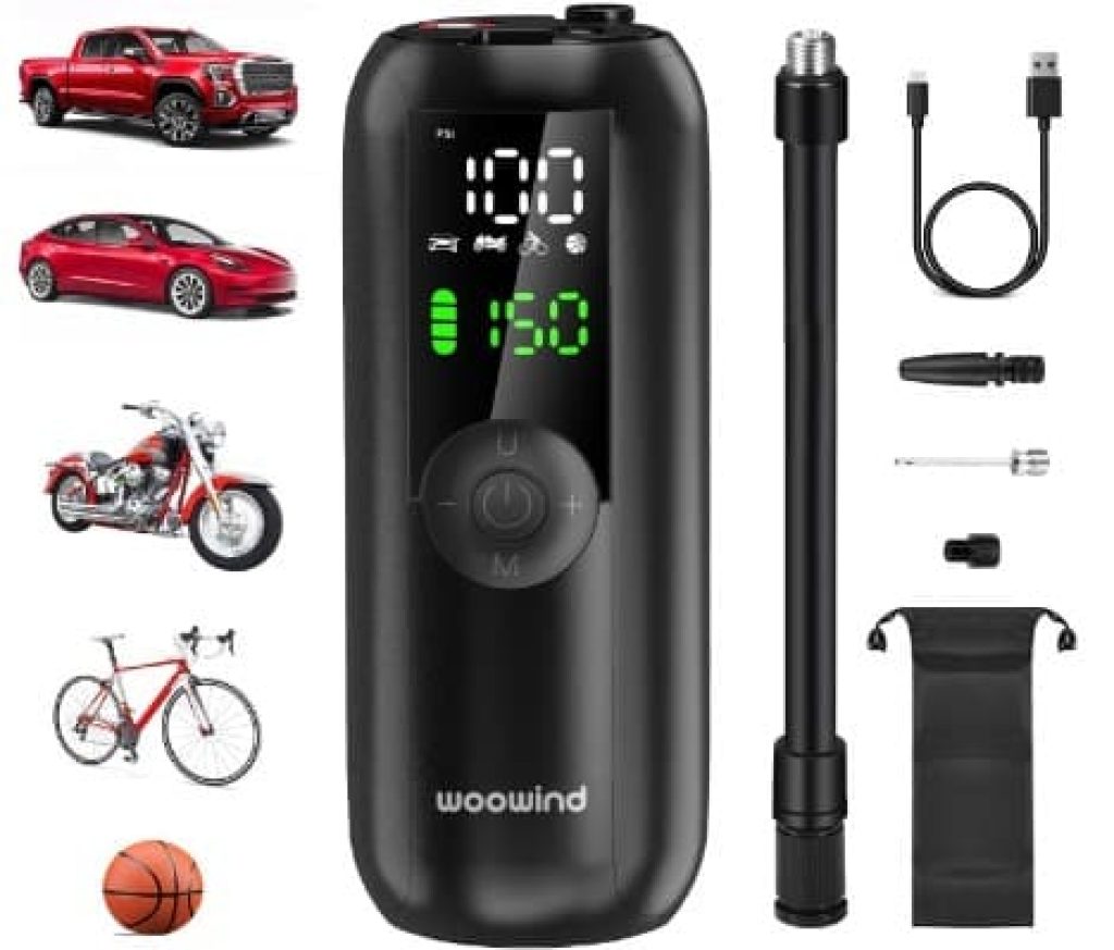 Woowind LP1 Compresor Aire Portatil 150PSI, Bomba de Aire Electrica, Recargable Inflador Ruedas para El Coche, Moto, Scooter, Bicicleta, Bolas