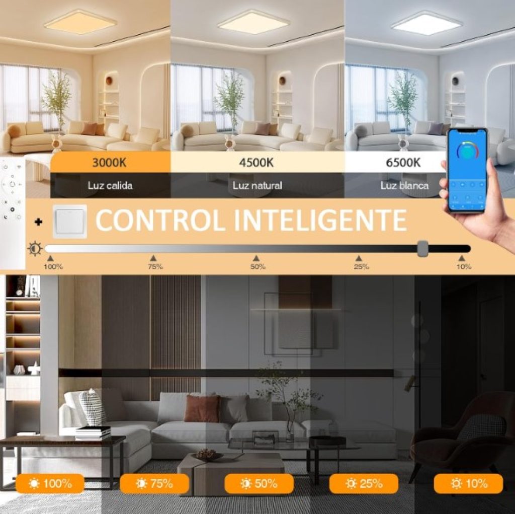 Plafon LED Techo Regulable, 24W, 3200LM, 3000K-6500K, Lámpara de Techo con control remoto, 13 colores RGB, IP54