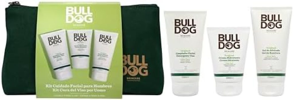 Bulldog Skincare - Neceser Cuidado Facial Hombre, Incluye: Limpiador Facial 150 ml + Gel de Afeitado 175 ml + Crema Hidratante 100 ml y Neceser de Tela Sostenible | Set Regalo Hombre Cuidado Facial
