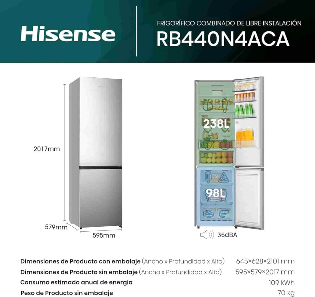 Hisense RB440N4ACA - Frigorífico Combi, Eficiente Clase A, Capacidad 336 L, Multi-air Flow, Total No Frost