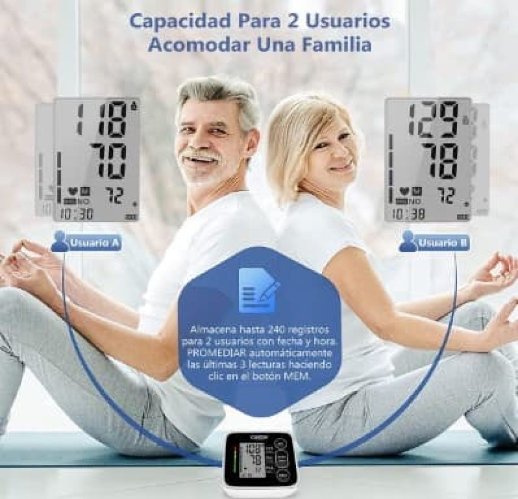 CAZON Tensiómetro de Brazo, Monitor de presión arterial para uso doméstico. Detector electrónico de frecuencia cardíaca con brazalete 22-40cm, 2X120 memoria (Negro)