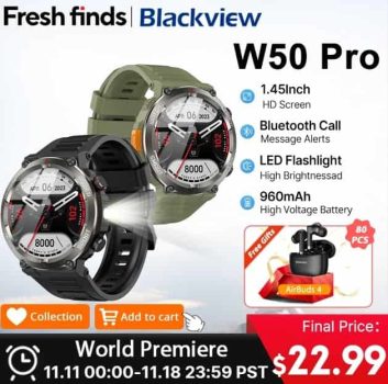 Blackview W50 Pro Smartwatch 1,45" HD linterna Bluetooth llamada telefónica 960mAh batería resistente reloj inteligente
