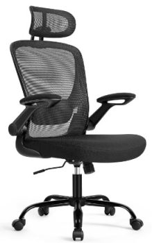 SONGMICS Silla de Oficina, Silla de Escritorio de Malla, Silla Giratoria Ergonómica, Soporte Lumbar, Oscilante, Asiento de 53 cm, Apoyabrazos Abatibles, Reposacabezas, Negro Tinta OBN047B01